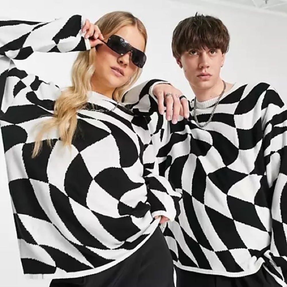 COLLUSION Unisex knitted sweater in warped checked print